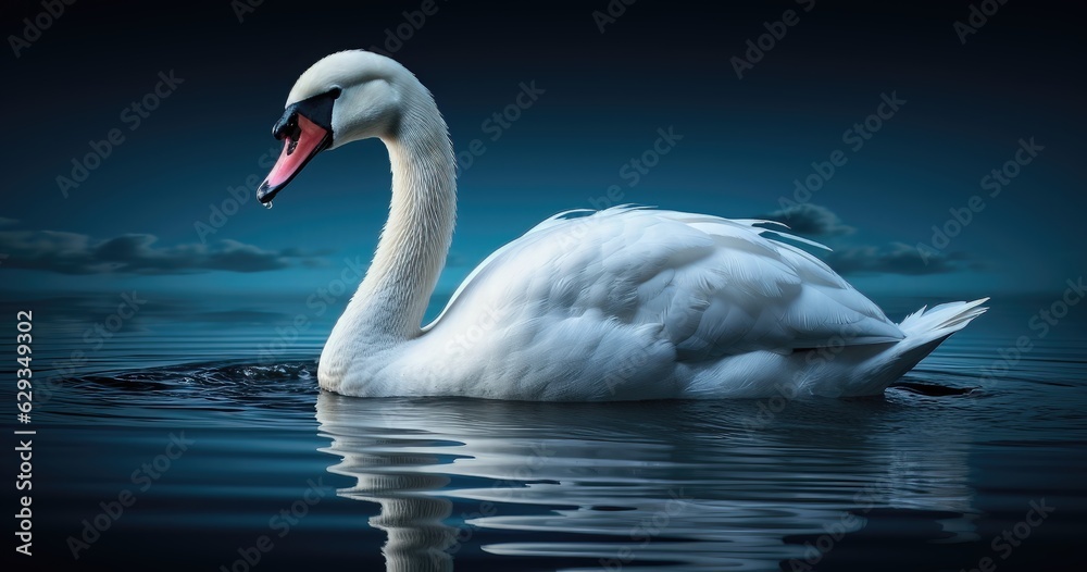Fototapeta premium Beautiful white swan swimming on the water. 3d rendering