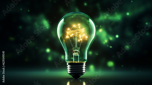 leuchtende Glühbirne in grüner Farbe mit dunklem Hintergrund. Generative Ai.
