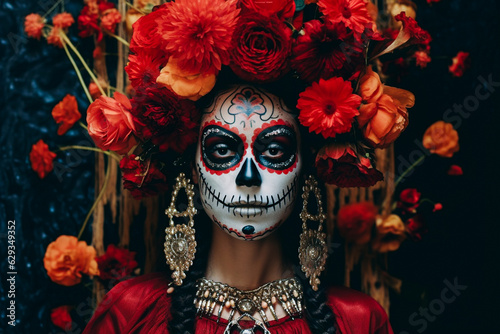 close-up young woman with make-up at the festival Day of the Dead - Dia de los Muertos - a holiday dedicated to the memory of the dead.against the backdrop of illumination. 