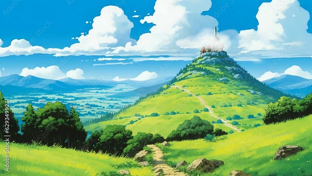 magical palace on top of the hill suitable for anime footage aniamtion
