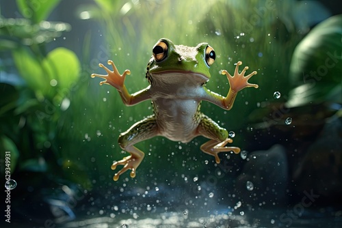 Photo photo of a green frog in nature jump