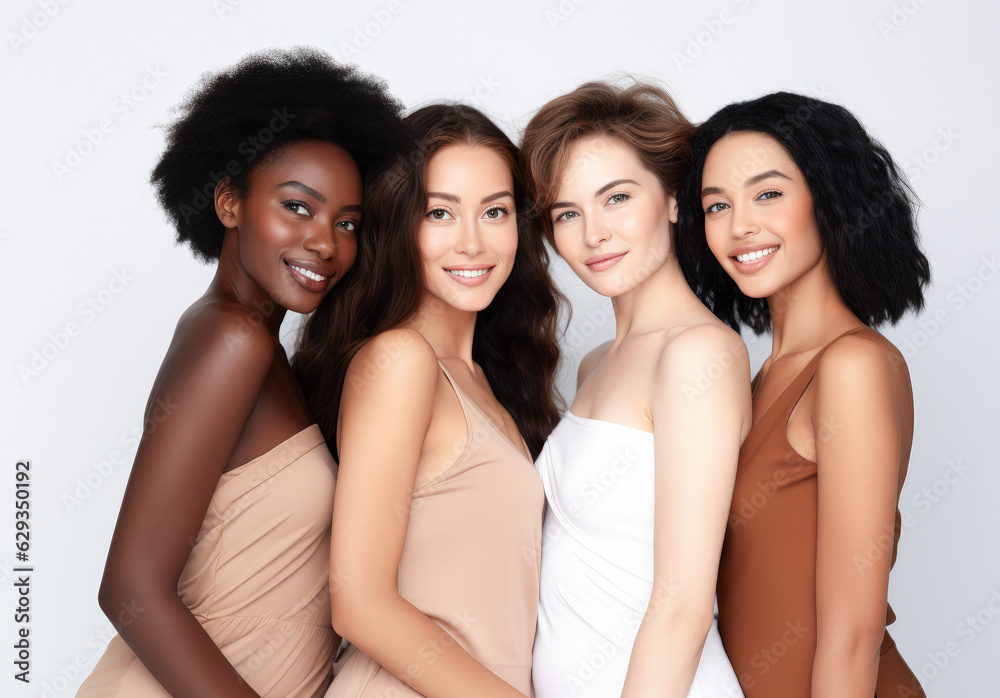 Beauty portrait of a diverse group of beautiful women with perfect, natural, glowing skin. Multi-ethnic group as a concept of women united with diversity of origins and beliefs. Generative AI. Beauty portrait of a diverse group of beautiful women with perfect, natural, glowing skin. Multi-ethnic group as a concept of women united with diversity of origins and beliefs. Generative AI.