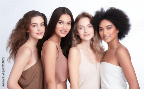 Beauty portrait of a diverse group of beautiful women with perfect, natural, glowing skin. Multi-ethnic group as a concept of women united with diversity of origins and beliefs. Generative AI. 