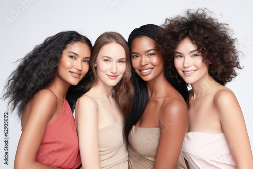 Beauty portrait of a diverse group of beautiful women with perfect, natural, glowing skin. Multi-ethnic group as a concept of women united with diversity of origins and beliefs. Generative AI. 