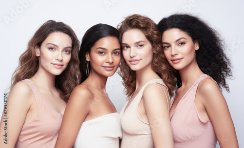 Beauty portrait of a diverse group of beautiful women with perfect, natural, glowing skin. Multi-ethnic group as a concept of women united with diversity of origins and beliefs. Generative AI. 