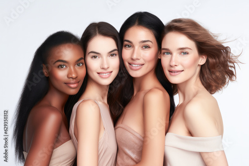 Beauty portrait of a diverse group of beautiful women with perfect, natural, glowing skin. Multi-ethnic group as a concept of women united with diversity of origins and beliefs. Generative AI. 