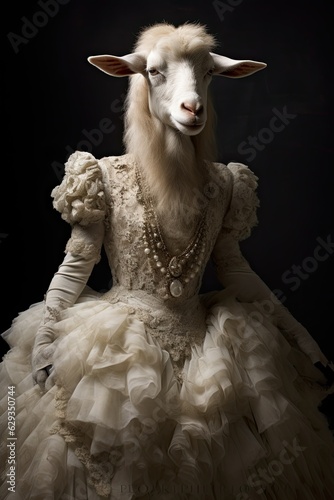humanized sheep in an expensive designer model dress of the bride © Aksana