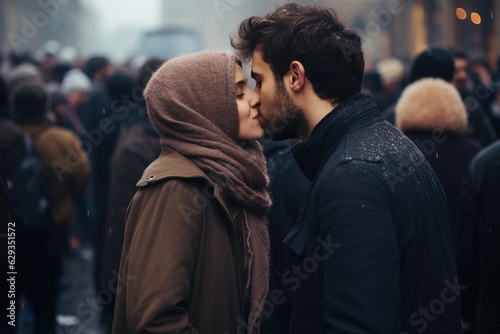 A couple kissing in a crowd on the street. A man and a woman in a burqa. It is winter. The couple is wearing winter clothes.