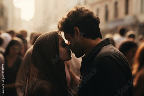 A couple kissing in a crowd on the street. A man and a woman in a burqa. It is summer. The couple is wearing summer clothes.
