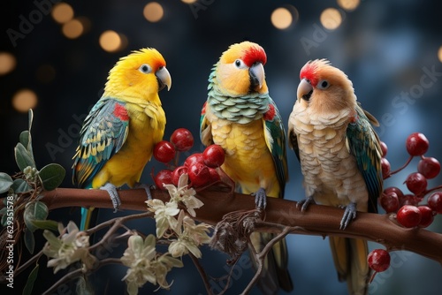 A delightful scene featuring singing pets, like parrots, budgies, and canaries, perched on festive branches, creating a harmonious Christmas melody. Generative Ai © bluebeat76
