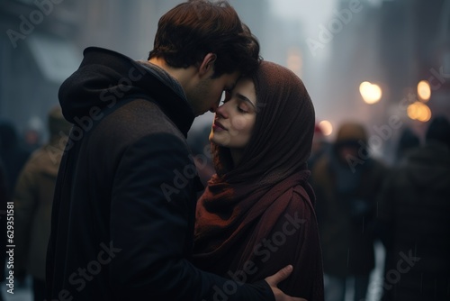 A couple kissing in a crowd on the street. A man and a woman in a burqa. It is winter. The couple is wearing winter clothes.