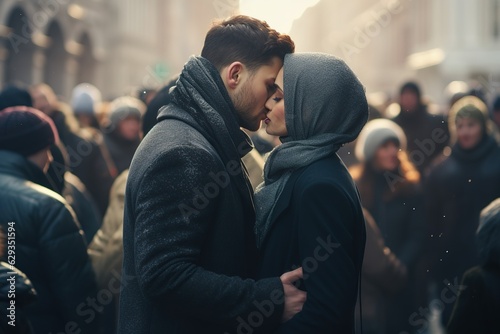 A couple kissing in a crowd on the street. A man and a woman in a burqa. It is winter. The couple is wearing winter clothes.