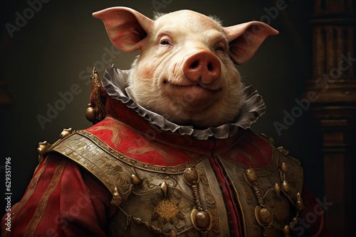 humanized pig in medieval costume portrait plays guitar © Aksana