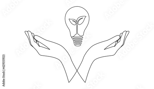 One continuous line drawing of light bulb and plant with two hands. Lightbulb symbol of new idea and innovation in simple linear style. Editable stroke. Doodle vector illustration