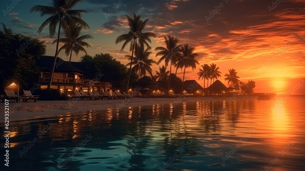 Luxury beach resort at sunset, Tropical vacation with the ocean and hotel.