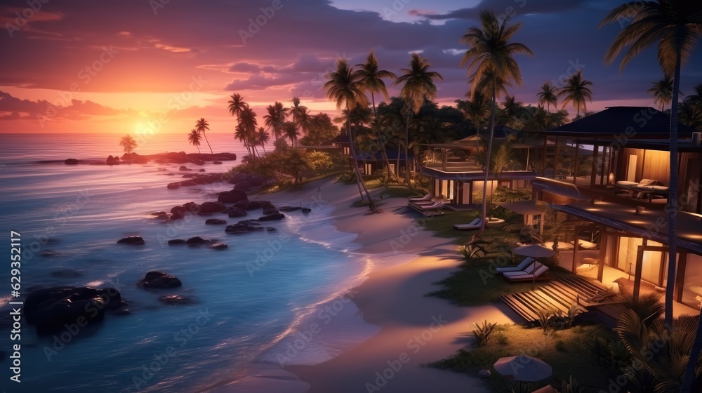 Luxury beach resort at sunset, Travel relaxing at the shore at dawn. - obrazy, fototapety, plakaty 