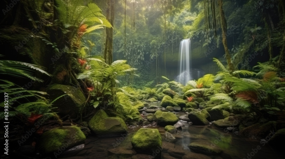 Waterfall, Tropical rainforest waterfall in the jungle landscape.