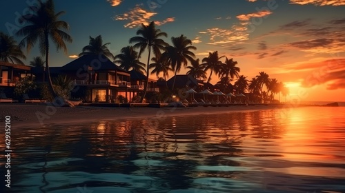 Luxury beach resort at sunset, Travel relaxing at the shore at dawn. © visoot