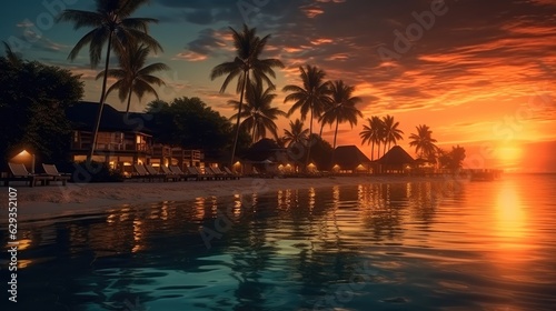 Luxury beach resort at sunset  Tropical vacation with the ocean and hotel.