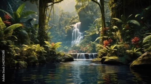 Scenic nature of beautiful waterfall in wild jungle forest environment, Travel and adventure landscape of amazing Asia.