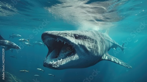 Whale shark eating fish and feeding in the deep ocean water, Marine wildlife biology.