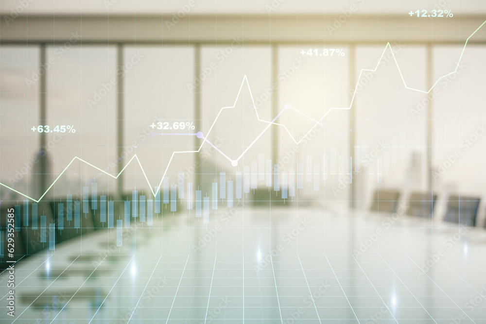 Multi exposure of virtual creative financial chart hologram on a modern meeting room background, research and analytics concept Multi exposure of virtual creative financial chart hologram on a modern meeting room background, research and analytics concept