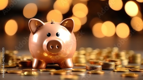 Piggy bank and gold coin with bokeh background, Save success business financial concept.