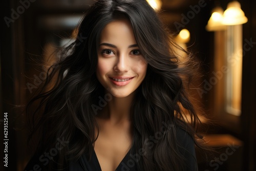 Portrait of a beautiful smiling Asian woman with long dark hair wearing black dress. © visoot