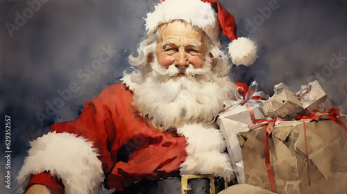 Adorable Santa Claus sitting in chair with sack full of presents. Vintage...