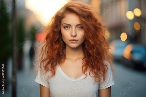 Beautiful blonde young woman standing on the street. © visoot