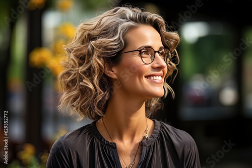 Joyful Middle-Aged Woman in Nature, A Photorealistic Capture of Mature Happiness Amidst the Serenity of a Wooded Park, High-Res 64K Portrait. Generative AI