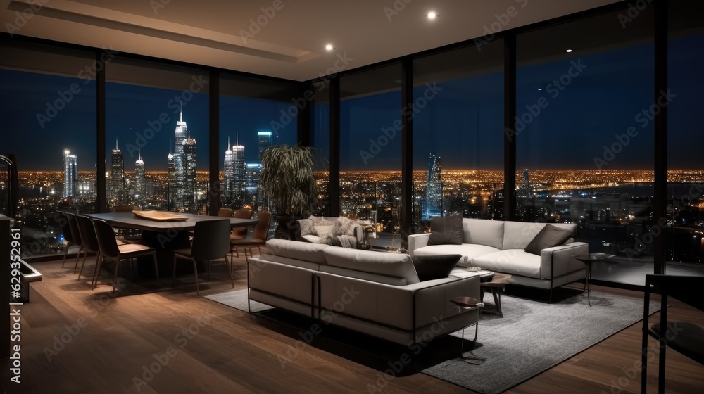 A sumptuous penthouse living room with a stunning city skyline view.