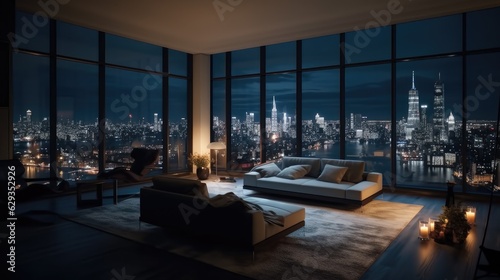 Interior luxury apartment penthouse condo at night with city landscape. © visoot
