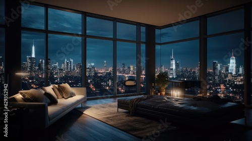 Interior luxury apartment penthouse condo at night with city landscape.