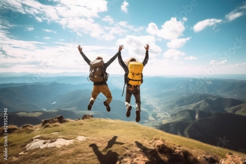 Hikers with backpack jumping with arms up on top of the mountain  Happy  Traveling in vacation.