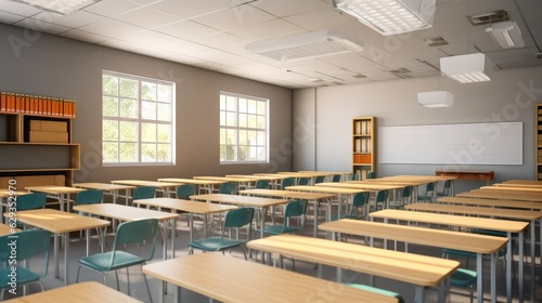 Classroom, Chairs and table in an empty classroom.
