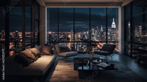 Interior of luxury penthouse living room at night. © visoot