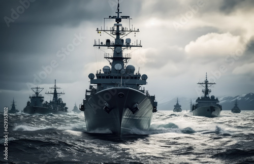A line ahead of modern military naval battleships warships in the row, Military at sea. © visoot