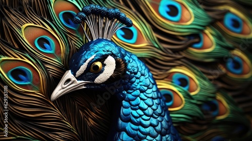 Peacock, Beautiful decorative blue tail, Portrait of a regal bird.
