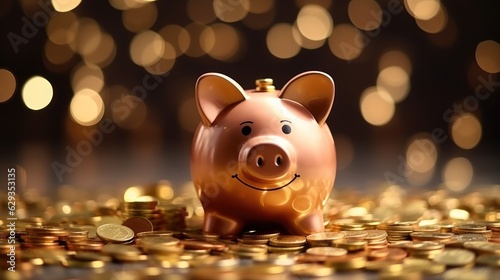 Piggy bank with gold coins bokeh background, Savings, Concept for saving.