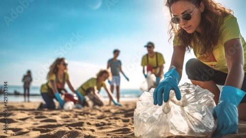 Activist people collecting garbage protecting the planet, Ocean pollution.