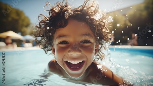 Happy child splashes and plays in a swimming pool, Summer fun.