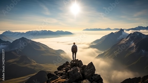 Hiker at the summit of a mountain overlooking a stunning view, The concept of travel and freedom.