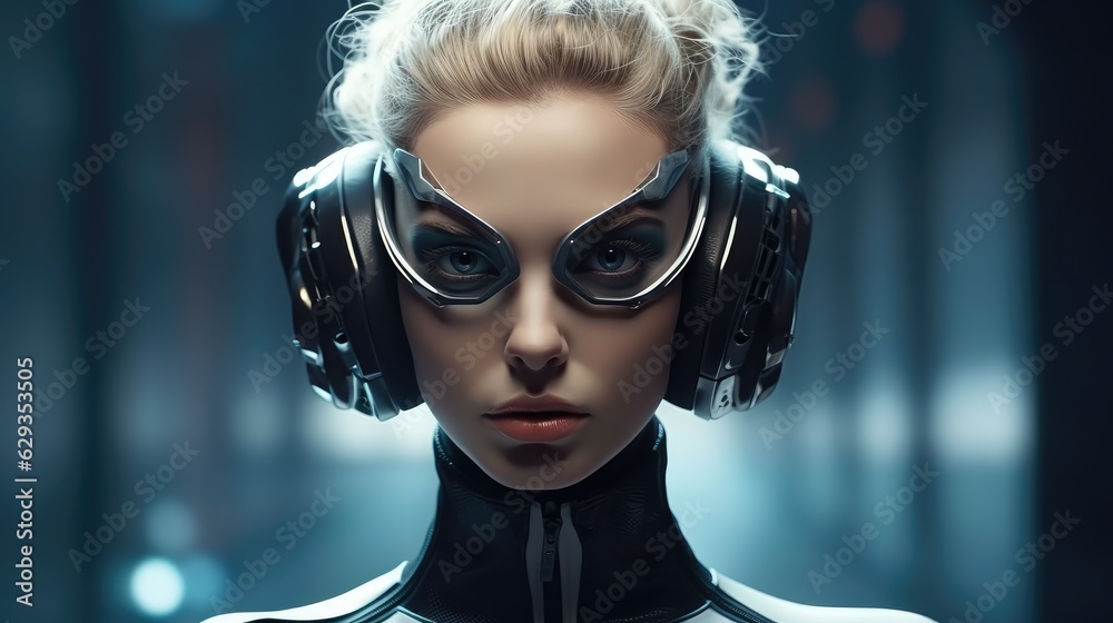 Android futuristic robot cyborg, Woman warrior in chrome technological sci-fi armor.