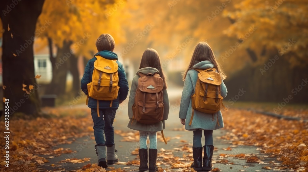 Back view of children with backpacks going to school on a city road ...
