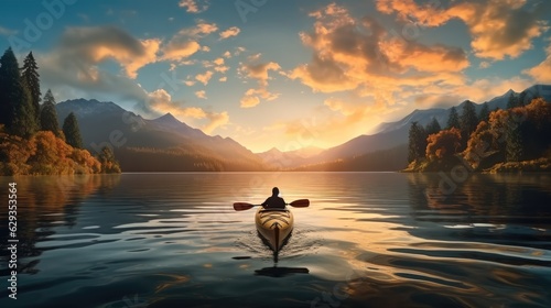 Back view Kayak in lake at sunset with mountain landscape.