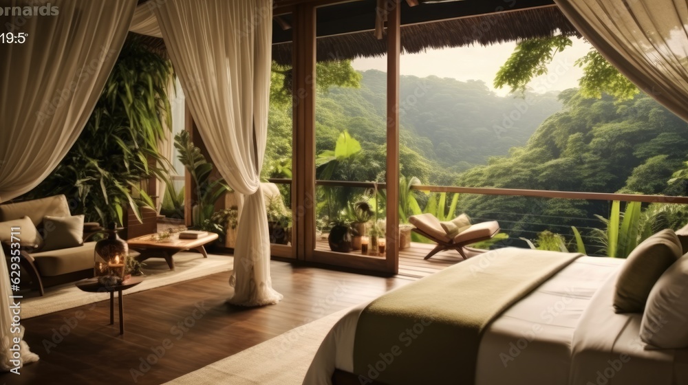 Beautiful hotel room in wild jungle forest environment, Travel vacation.