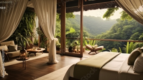 Beautiful hotel room in wild jungle forest environment, Travel vacation. © visoot