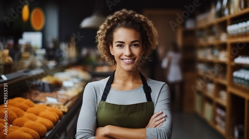 Portrait employee woman wear apron working in supermarket.