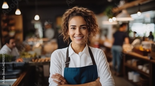 Portrait employee woman wear apron working in supermarket.